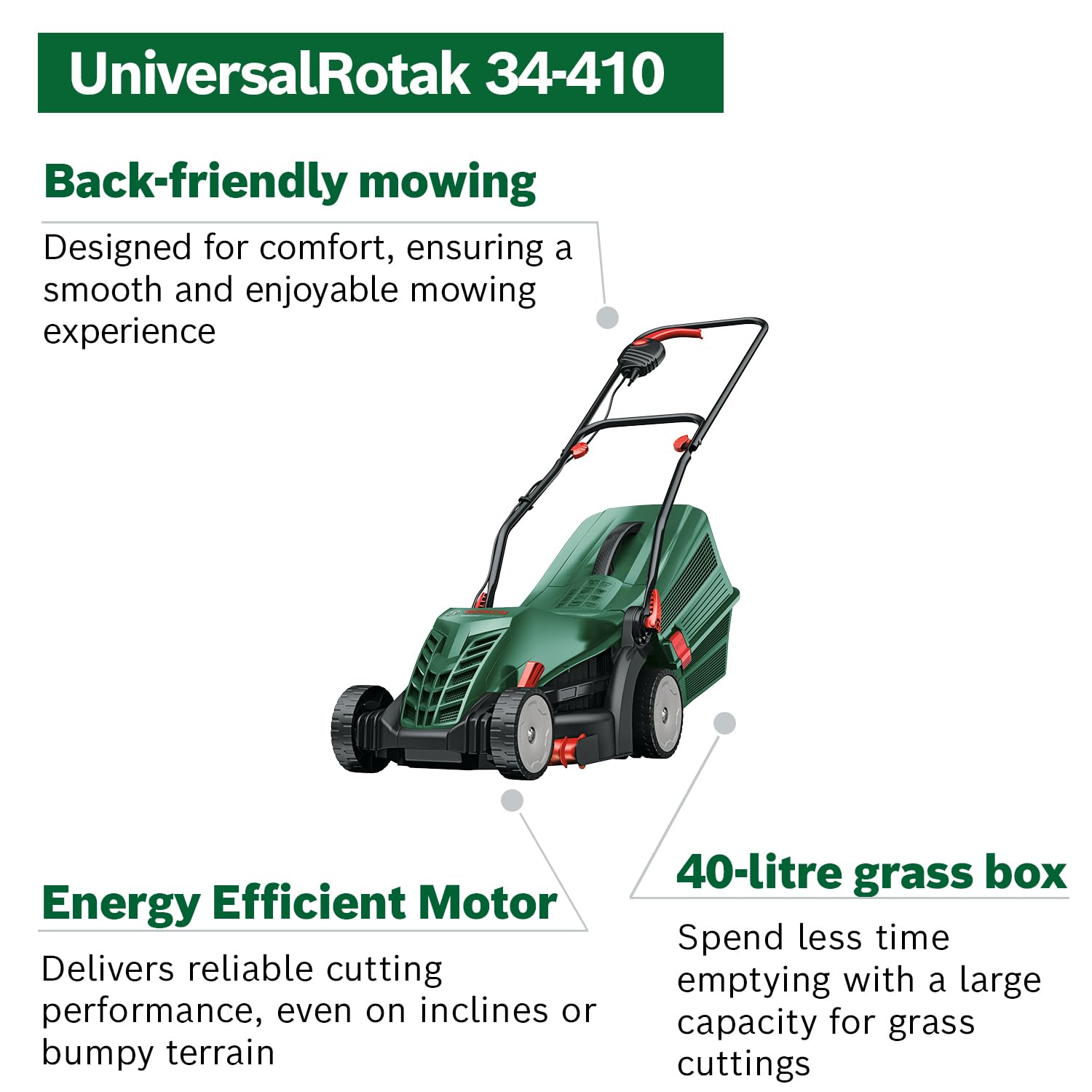 Bosch Corded Lawnmower UniversalRotak 34-410 (230 V, cutting width: 34 cm, 40-litre grass box, with GrassCombs)