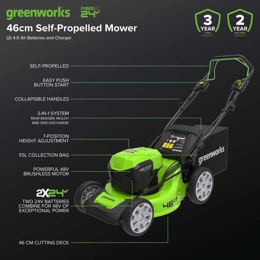 Greenworks 48V (2x24V) Self Propelled Cordless Lawnmower for Large Lawns up to 480m2, 46cm Cutting Width, 55LBag PLUS Two 4Ah Batteries and Twin Charger, 3 Year Guarantee GD24X2LM46SPK4X