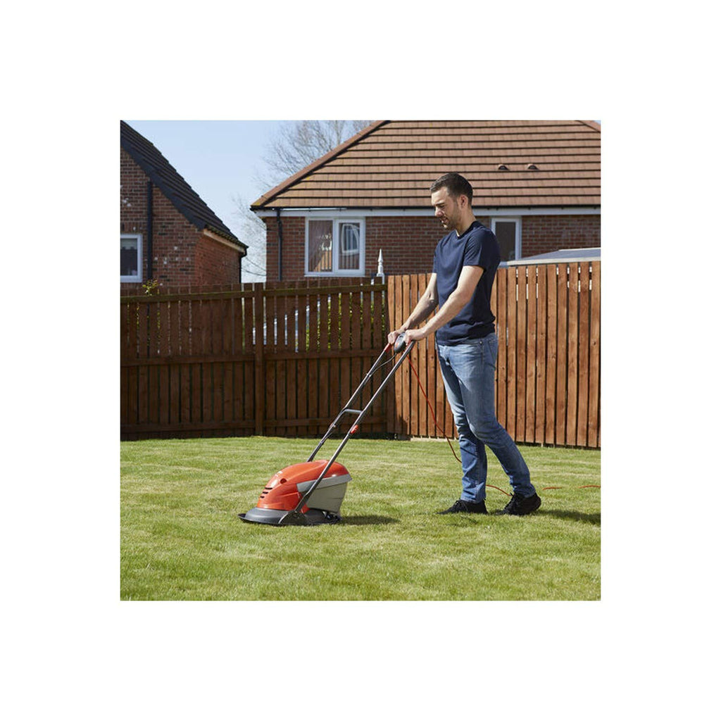 Flymo Hover Vac 250 Electric Hover Collect Lawn Mower - 1400W, 25cm Cutting Width, 15L Grass Box, Ambidextrous Handles, Folds Flat, Orange and Grey