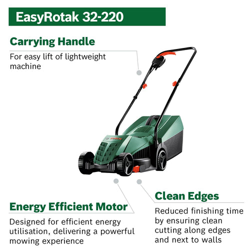 Bosch Corded Lawnmower EasyRotak 32-220 (1200 W Motor Power, Cutting Width: 32 cm, 31-Litre Grass Box, Extra 32cm Sharp Blade, Suitable for Quick and Easy Mowing with Tidy Edges) - Amazon Exclusive