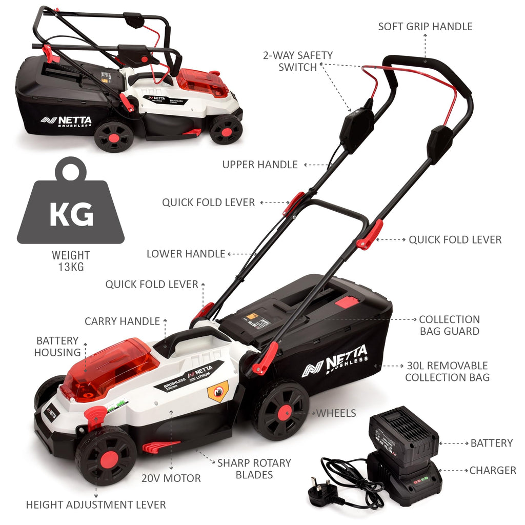 NETTA Cordless Lawnmower 20V - Brushless Motor Lawn Mower with 4.0Ah Battery & Charger - 33cm Width, 5 Heights, Mini Lawn Mower for Small Garden - Battery Operated Lawnmower - 30L Box