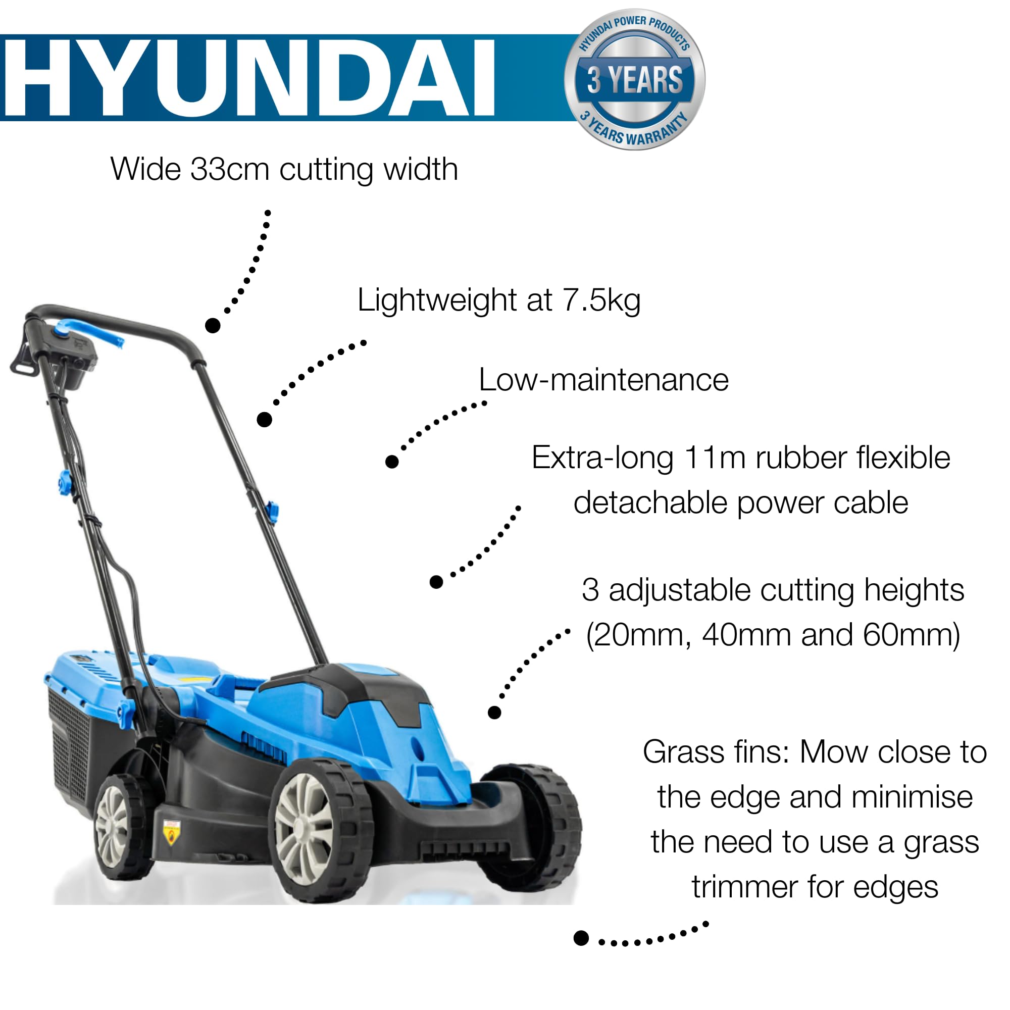 Hyundai 1300W Electric Lawn Mower – 33cm Lightweight Corded Lawnmower, 30L Grass Box, Foldable Handle, 3 Cutting Heights, Ideal for Small Gardens - 3 Year Warranty