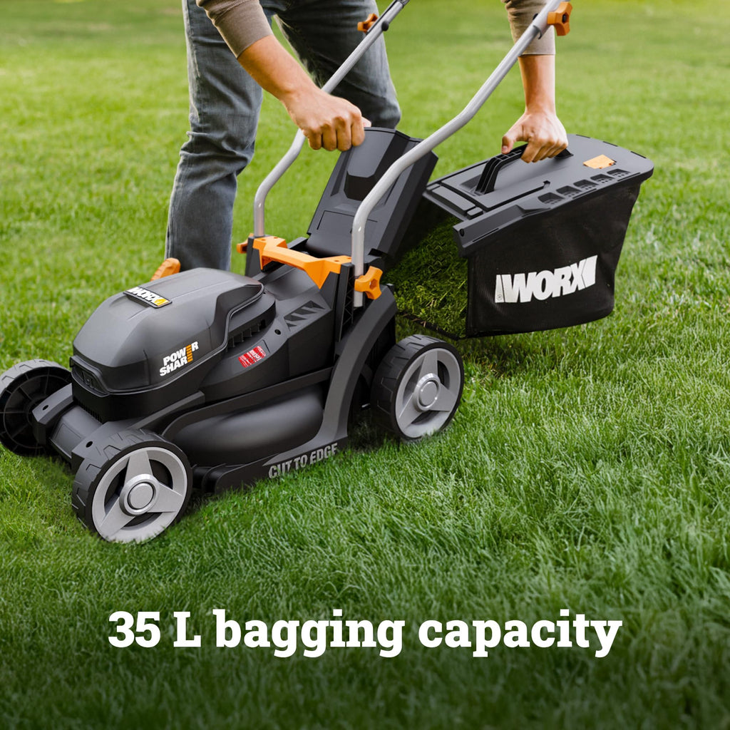 WORX WG733E 20V Brushless Cordless Lawnmower | Up to 200m² | 33cm Cut-to-Edge Deck | IntelliCut | 6-Height Adjust | 35L Grass Bag | 4.0Ah Battery & Charger Included