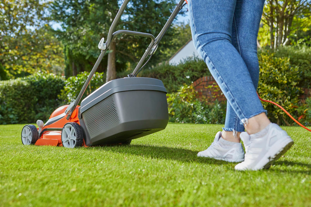 Flymo EasiStore 340R Electric Rotary Lawn Mower - 34 cm Cutting Width, 35 Litre Grass Box, Close Edge Cutting, Rear Roller, Central Height Adjust , Space Saving Storage Features