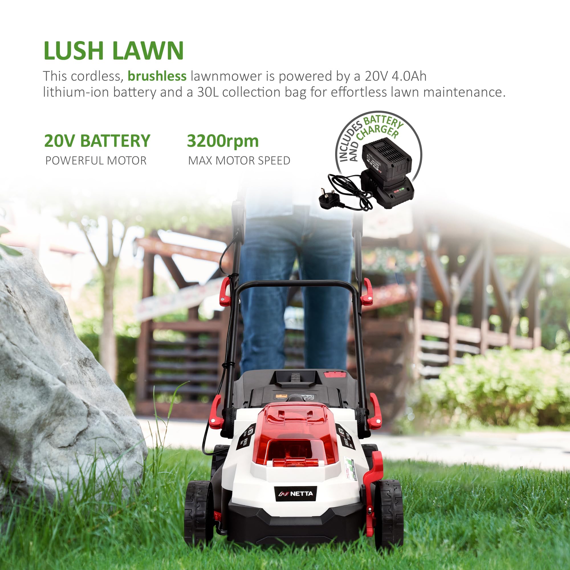 NETTA Cordless Lawnmower 20V - Brushless Motor Lawn Mower with 4.0Ah Battery & Charger - 33cm Width, 5 Heights, Mini Lawn Mower for Small Garden - Battery Operated Lawnmower - 30L Box