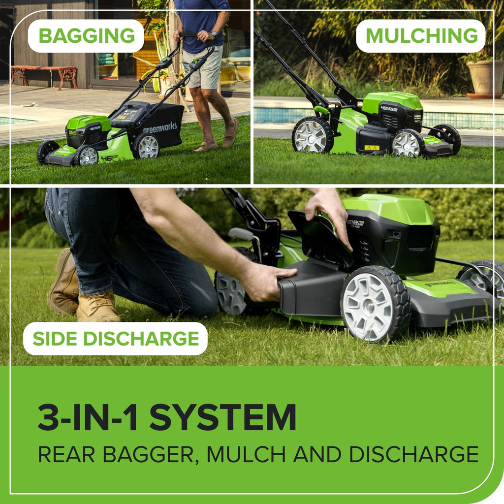 Greenworks 48V (2x24V) Self Propelled Cordless Lawnmower for Large Lawns up to 480m2, 46cm Cutting Width, 55LBag PLUS Two 4Ah Batteries and Twin Charger, 3 Year Guarantee GD24X2LM46SPK4X