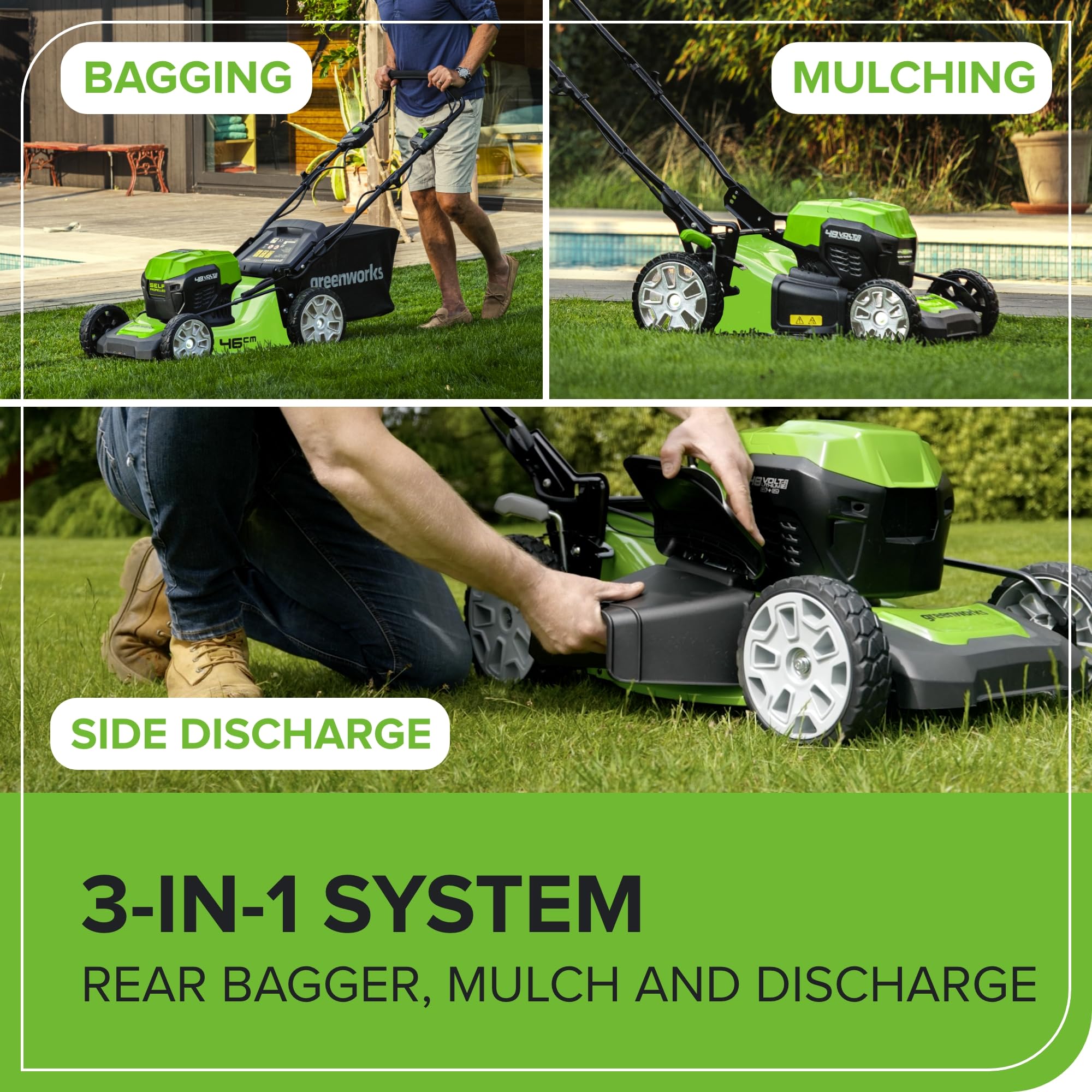 Greenworks 48V (2x24V) Self Propelled Cordless Lawnmower for Large Lawns up to 480m2, 46cm Cutting Width, 55LBag PLUS Two 4Ah Batteries and Twin Charger, 3 Year Guarantee GD24X2LM46SPK4X