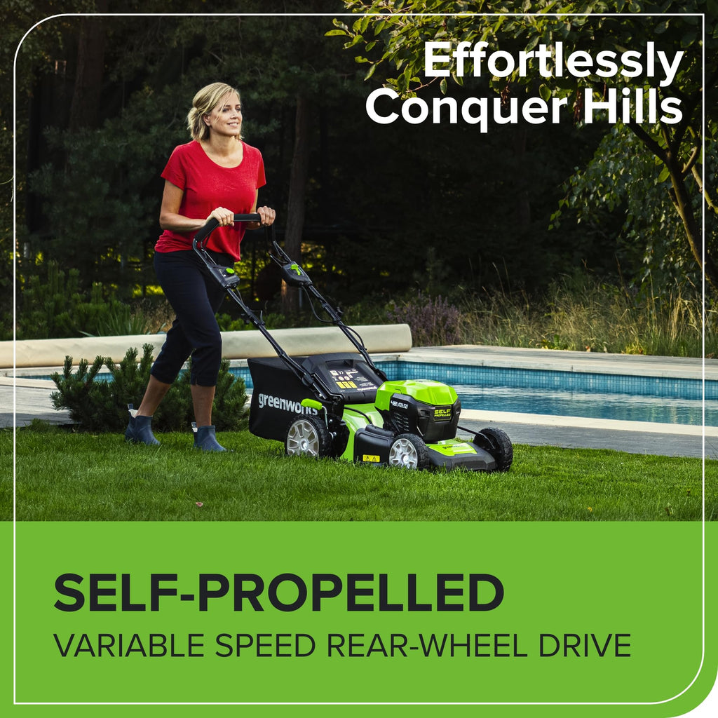 Greenworks 48V (2x24V) Self Propelled Cordless Lawnmower for Large Lawns up to 480m2, 46cm Cutting Width, 55LBag PLUS Two 4Ah Batteries and Twin Charger, 3 Year Guarantee GD24X2LM46SPK4X