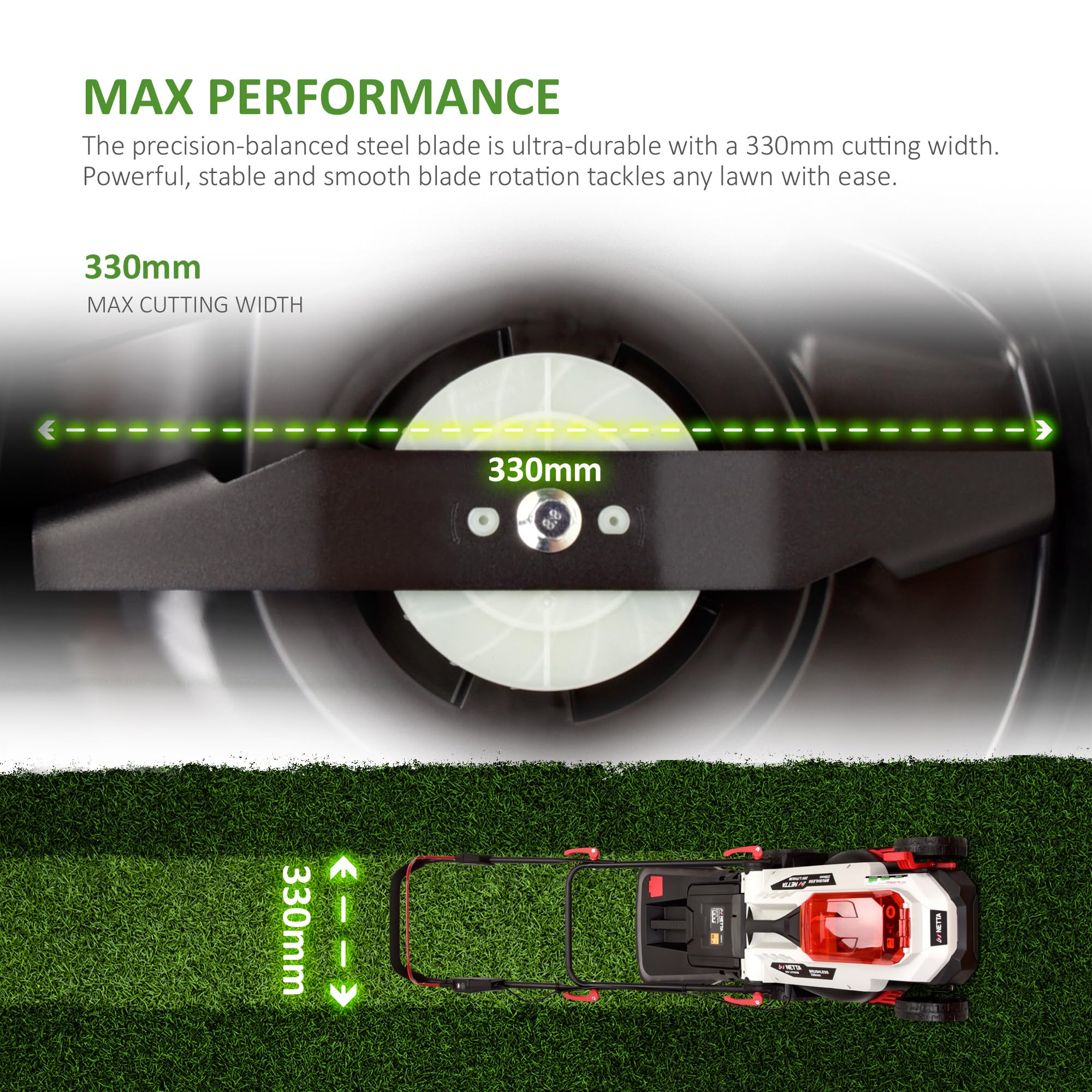 NETTA Cordless Lawnmower 20V - Brushless Motor Lawn Mower with 4.0Ah Battery & Charger - 33cm Width, 5 Heights, Mini Lawn Mower for Small Garden - Battery Operated Lawnmower - 30L Box