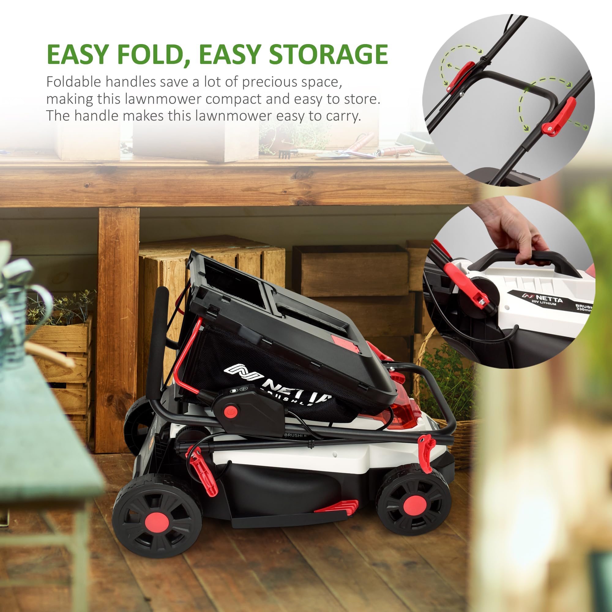 NETTA Cordless Lawnmower 20V - Brushless Motor Lawn Mower with 4.0Ah Battery & Charger - 33cm Width, 5 Heights, Mini Lawn Mower for Small Garden - Battery Operated Lawnmower - 30L Box