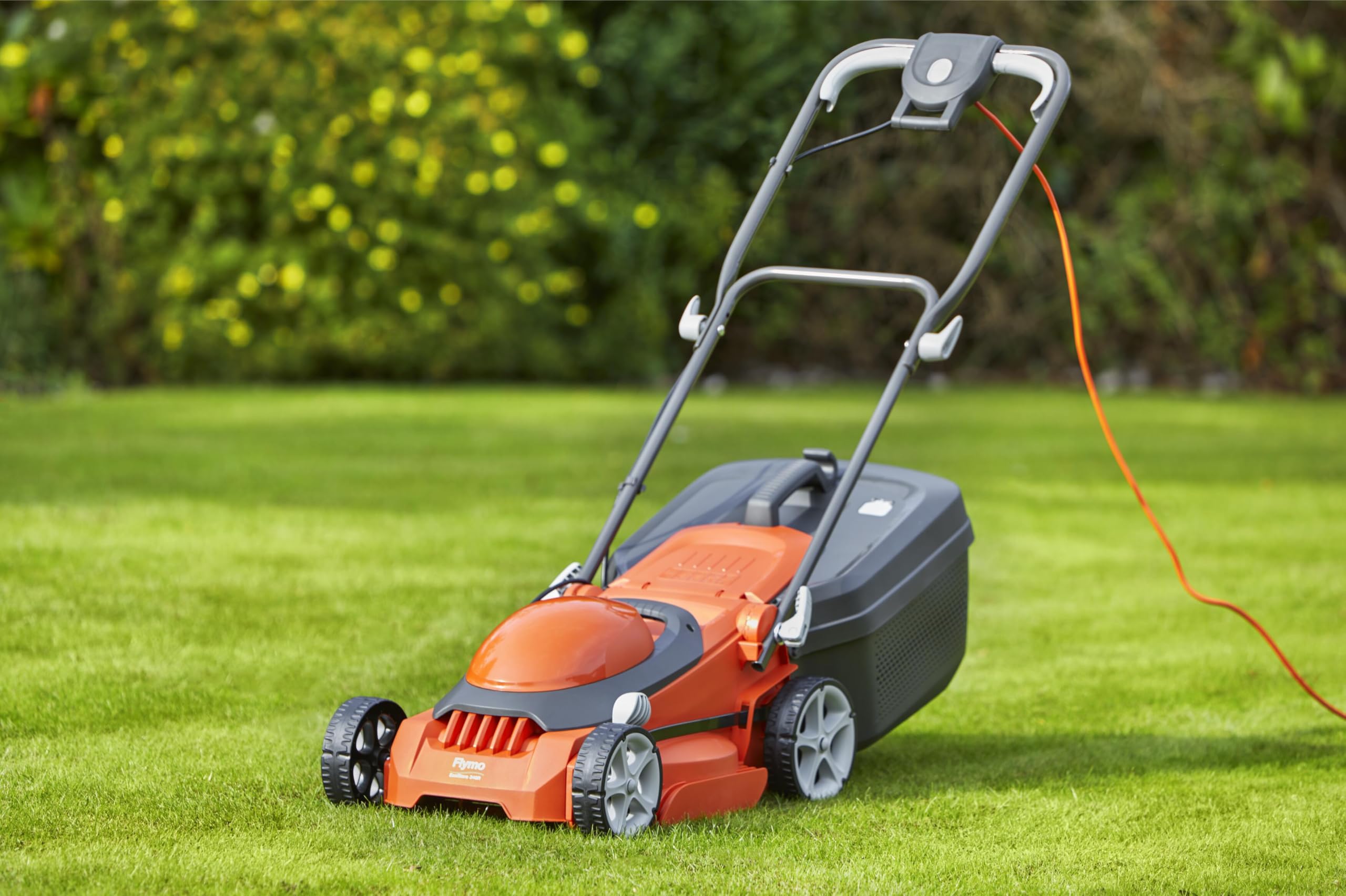 Flymo EasiStore 340R Electric Rotary Lawn Mower - 34 cm Cutting Width, 35 Litre Grass Box, Close Edge Cutting, Rear Roller, Central Height Adjust , Space Saving Storage Features