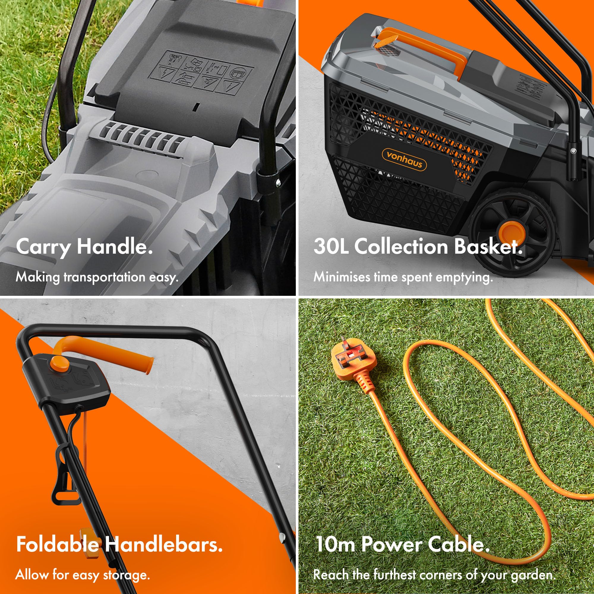 VonHaus Lawnmower 1200W – Electric Corded Lawn Mower for all Types of Grass – 30L Collection Bag, 320mm Working Width, 10m Cable, Foldable Height Adjustable Handlebar, 3 Depth Settings, Carry Handle