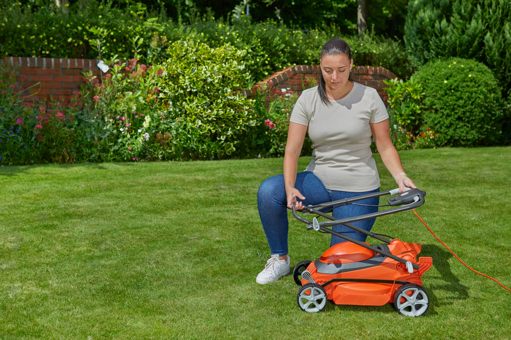 Flymo EasiStore 340R Electric Rotary Lawn Mower - 34 cm Cutting Width, 35 Litre Grass Box, Close Edge Cutting, Rear Roller, Central Height Adjust , Space Saving Storage Features