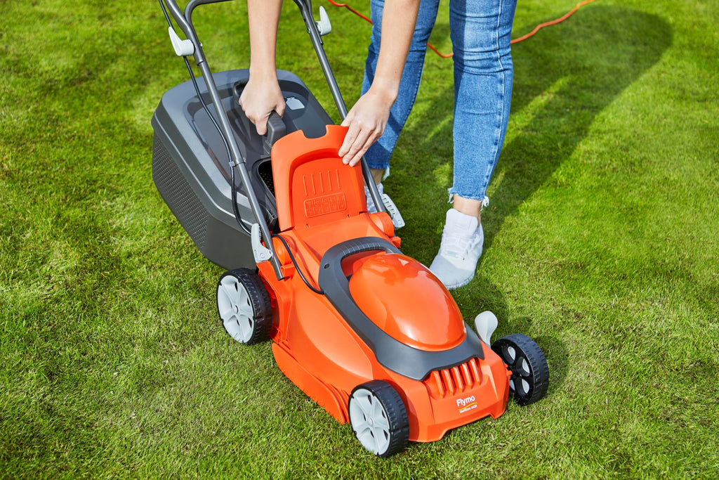 Flymo EasiStore 340R Electric Rotary Lawn Mower - 34 cm Cutting Width, 35 Litre Grass Box, Close Edge Cutting, Rear Roller, Central Height Adjust , Space Saving Storage Features