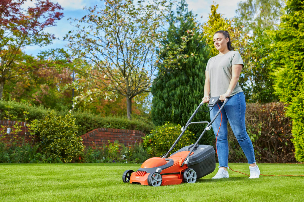 Flymo EasiStore 340R Electric Rotary Lawn Mower - 34 cm Cutting Width, 35 Litre Grass Box, Close Edge Cutting, Rear Roller, Central Height Adjust , Space Saving Storage Features