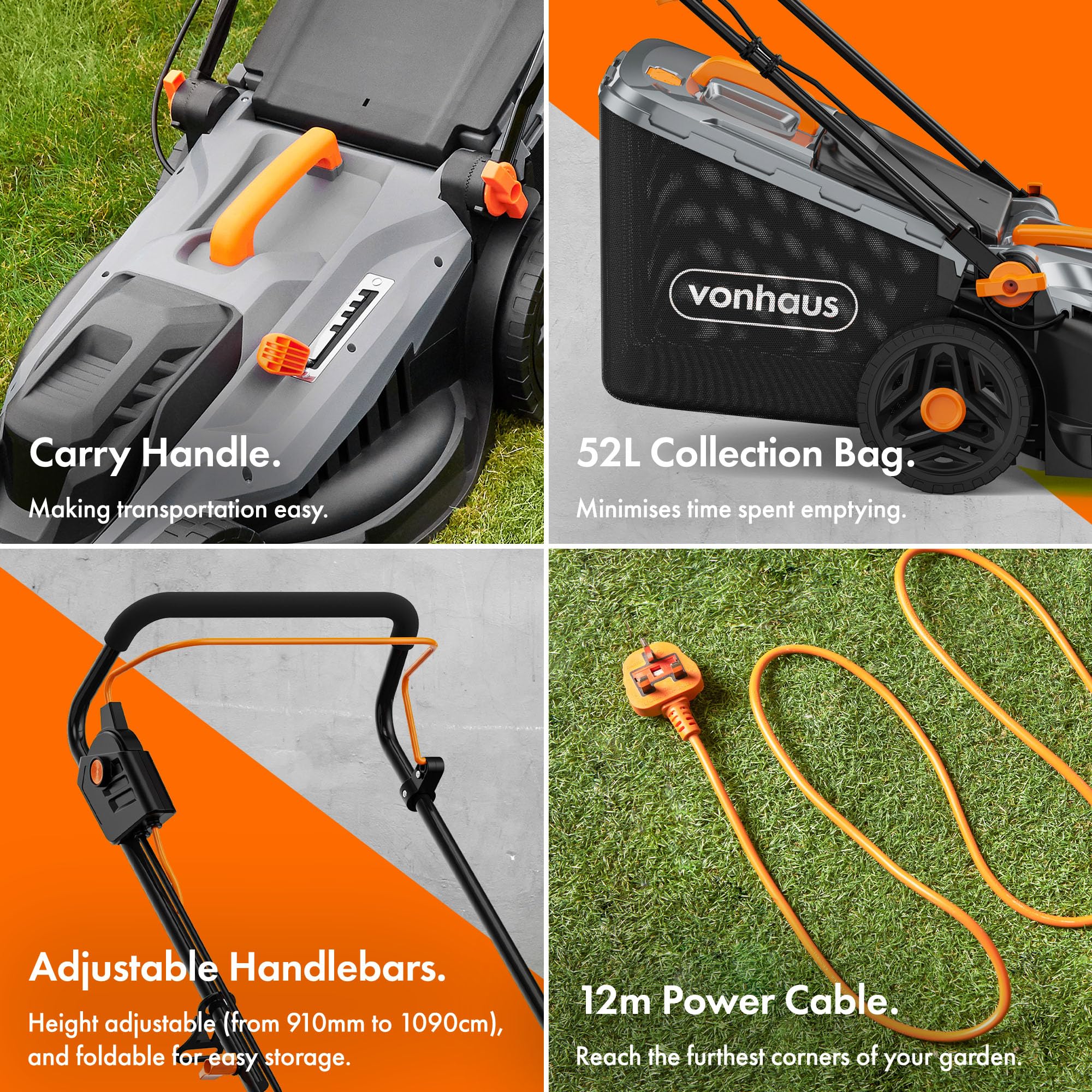 VonHaus Lawnmower 1800W – Electric Corded Lawn Mower for all Types of Grass – 52L Collection Bag, 430mm Working Width, 12m Cable, Foldable Height Adjustable Handlebar, 5 Depth Settings, Carry Handle