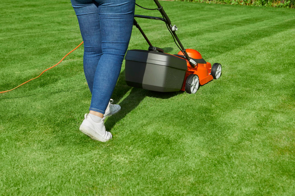 Flymo EasiStore 340R Electric Rotary Lawn Mower - 34 cm Cutting Width, 35 Litre Grass Box, Close Edge Cutting, Rear Roller, Central Height Adjust , Space Saving Storage Features
