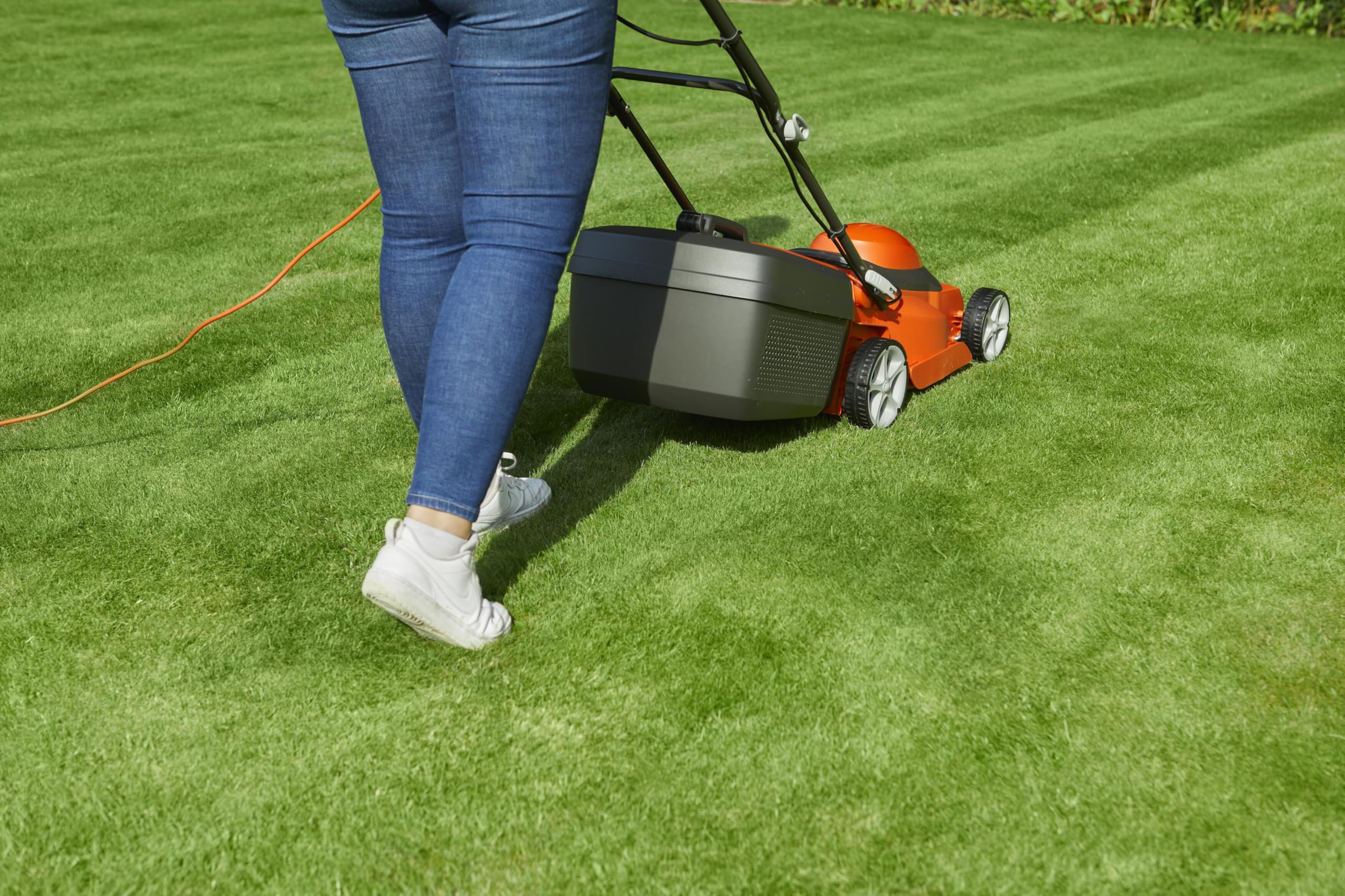 Flymo EasiStore 340R Electric Rotary Lawn Mower - 34 cm Cutting Width, 35 Litre Grass Box, Close Edge Cutting, Rear Roller, Central Height Adjust , Space Saving Storage Features