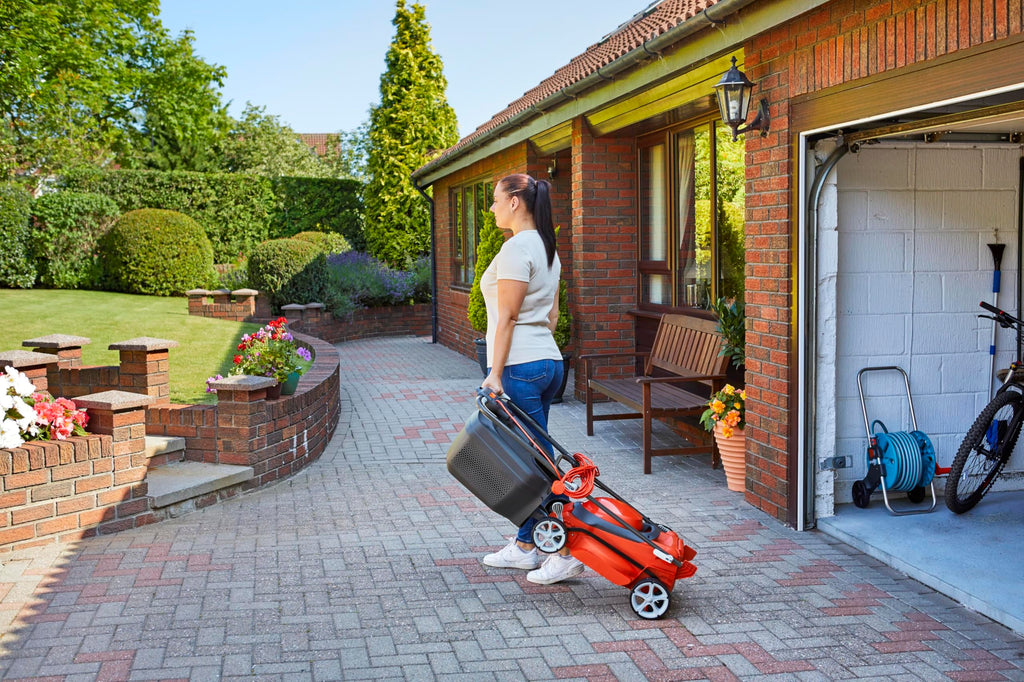 Flymo EasiStore 340R Electric Rotary Lawn Mower - 34 cm Cutting Width, 35 Litre Grass Box, Close Edge Cutting, Rear Roller, Central Height Adjust , Space Saving Storage Features