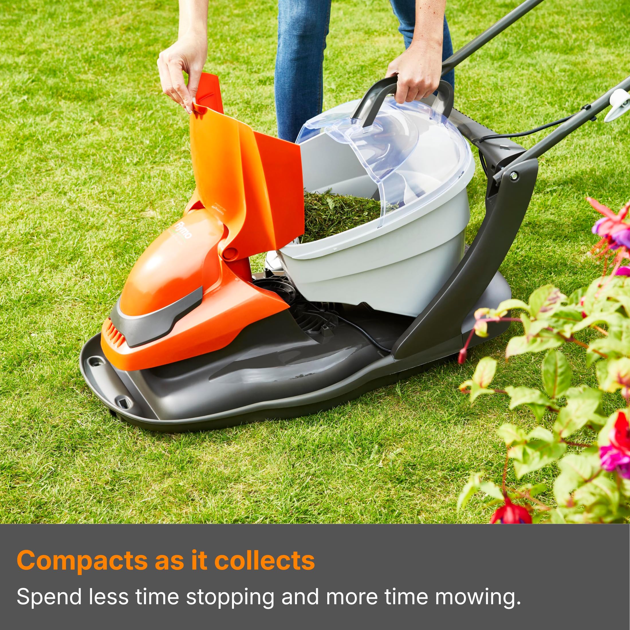 Flymo EasiGlide Plus 360V Hover Collect Lawn Mower - 1800W Motor, 36cm Cutting Width, 26 Litre Grass Box, Folds Flat, 10m Cable Length, Orange and Grey